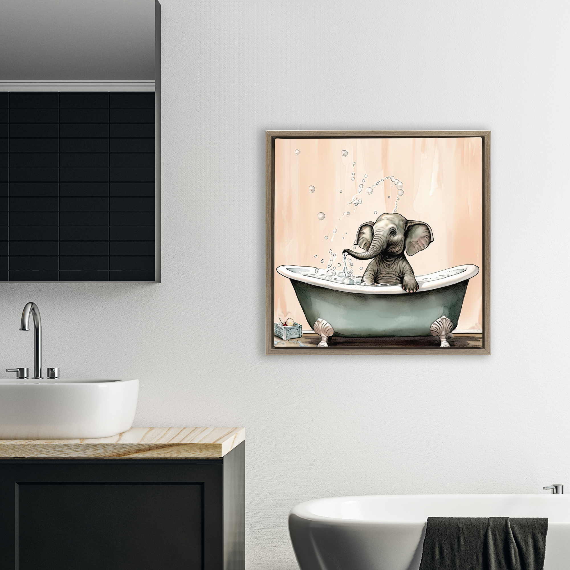 Baby Elephant Bubble Bath Brown Framed Floater Canvas Wall Art, design by Sasha