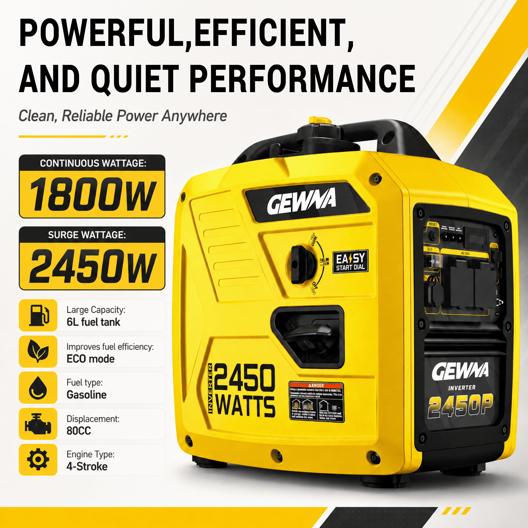 Gewna 2450W Portable Inverter Generator - Gas Powered,Ultra Quiet for RV, Camping, Home Backup,1.6 Gallon Large Fuel Tank Yellow