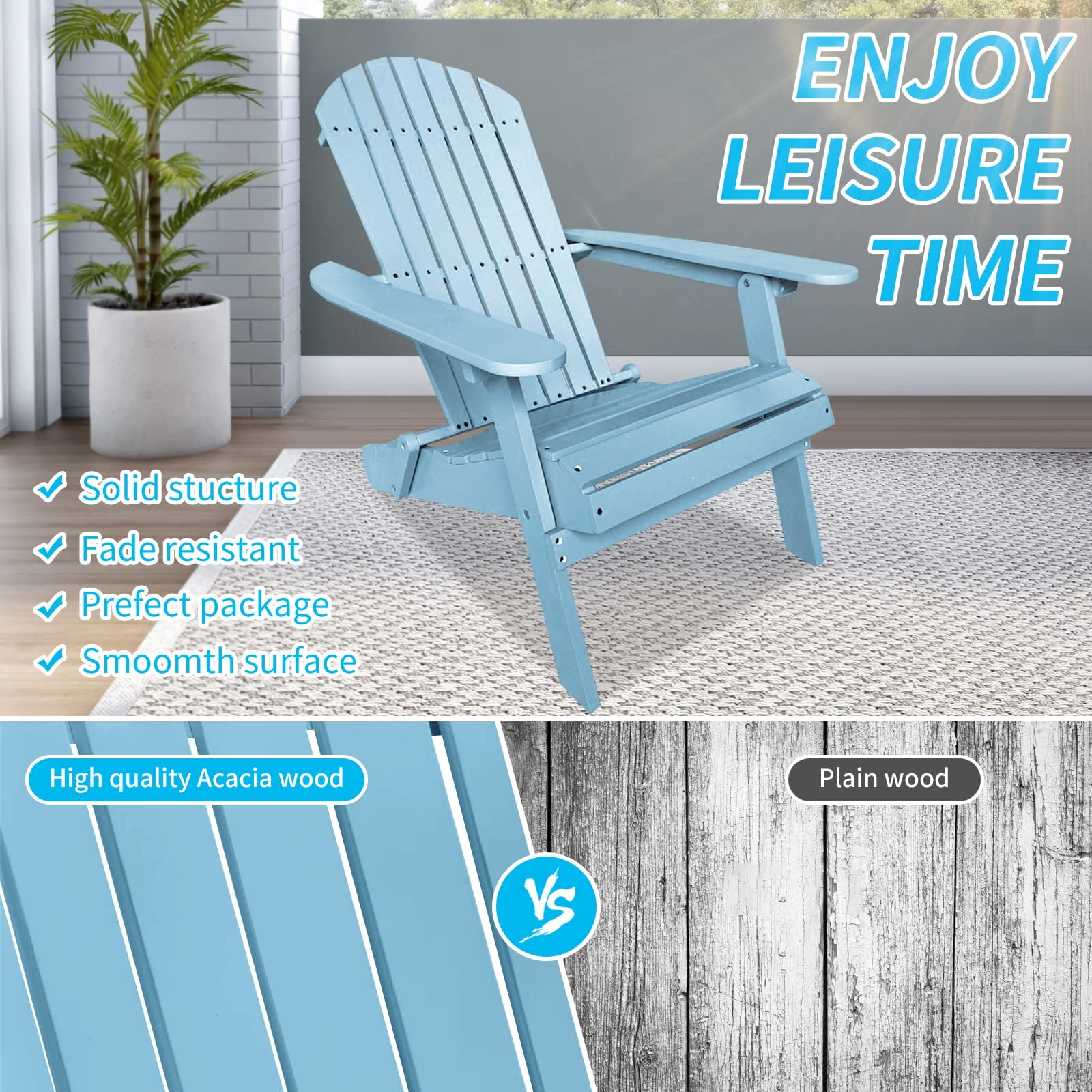 BIQWBIC Folding Adirondack Chair, Solid Wood Fire Pit Chairs with Wide Armrests, All-Weather Outdoor Patio Lawn Garden Chairs, 350 Lbs Capacity, Easy to Install, Turquoise
