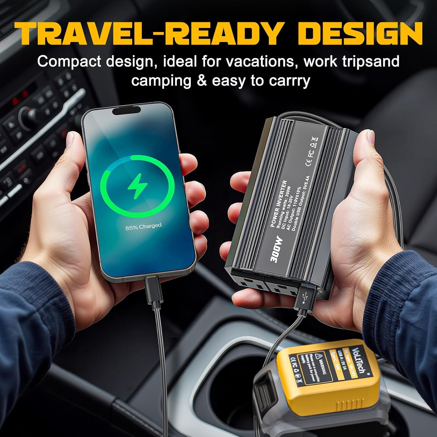 Power Inverter Compatible with De*walt 20V Battery,300W Portable Outdoor Battery Converter with 3USB 1Type C&2AC Outlets, for Camping, RV, and Emergency Power