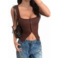 thumbnail image 3 of Button Up Tank Tops for Women Ribbed Sleeveless Button Down Shirts Vest Y2k Crop Top Basic Fitted Vest Brown XL, 3 of 7
