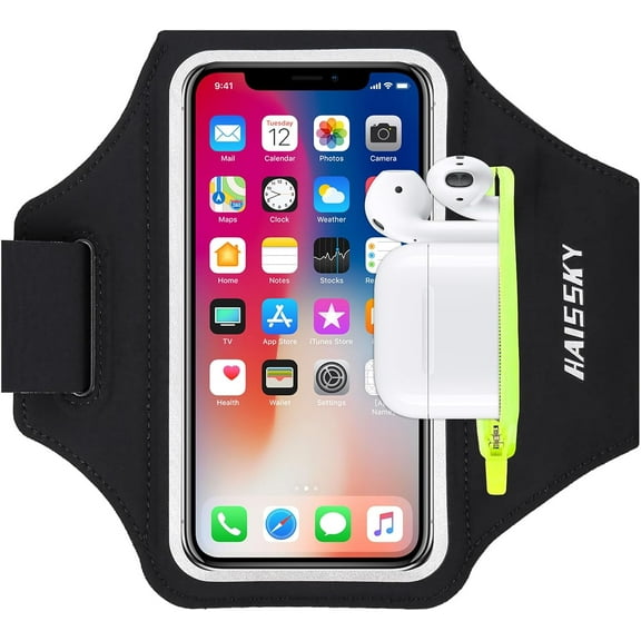 Running Armband with Earphone Bag Cell Phone Armband for iPhone 16 15 Pro 14 Plus 13 11 XR XS, Galaxy S24/S10 Water Resistant Sports Phone Holder Case & Zipper Slot Car Key Holder for 6.7 inch Phone