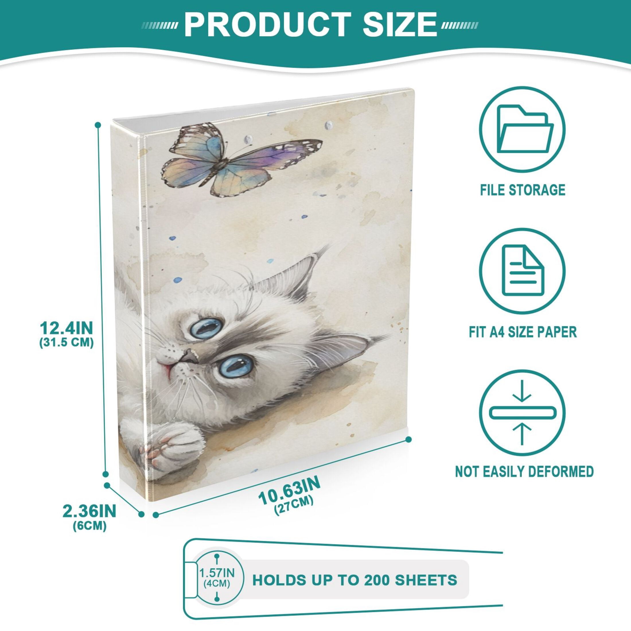 WOBOGO Cat with Colorful Butterfly File Folders Extra Large Capacity to Hold 200 Sheets of Documents Hard Shell Ring Binder for School Home Office
