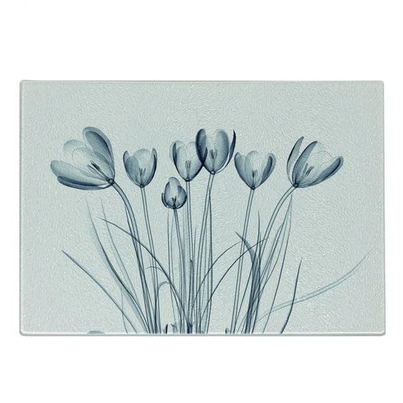 Flower Cutting Board, X-ray Image of Tulips Solarized Effect Nature Inspired, Decorative Tempered Glass Cutting and Serving Board, Small Size, Dark Petrol Blue White, by Ambesonne