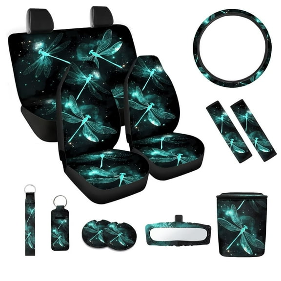 JOAIFO Dragonfly Car Seat Covers Full Set for Women Vehicle Seat Cover Interior Sets Decorative Girly Bench Seat Covers Front and Backseat with Matching Steering Wheel Cover