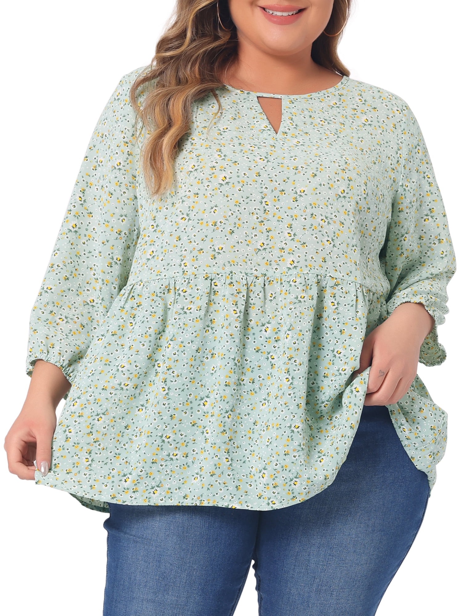 DARING DIVA Women's Plus Size 3/4 Sleeves Chiffon Keyhole Floral Tops 4X Light Green