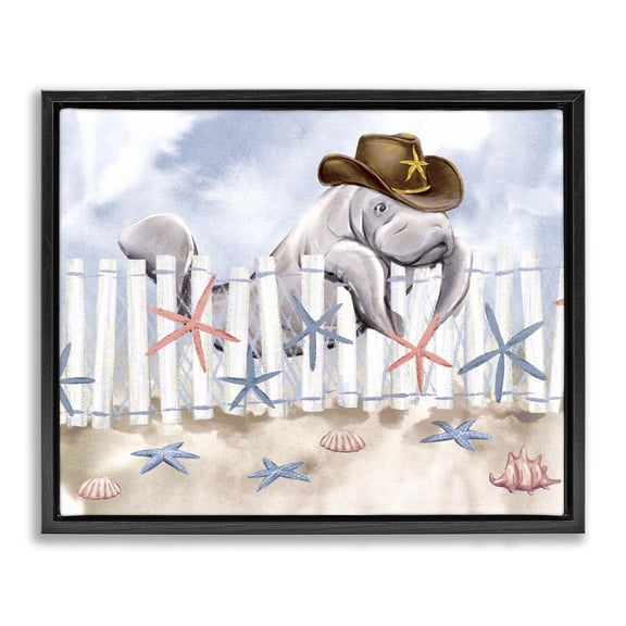 Stupell Industries Eclectic Manatee in Cowboy Hat Black Floating Frame Canvas Art, 21 x 17, by Ziwei Li