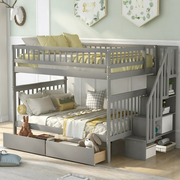 UWR-Nite Stairway Full over Full Wood Bunk Bed with Three Drawers and 4-Storage Staircase, Solid Wood Storage Bunk Bed Frame with Guardrail
