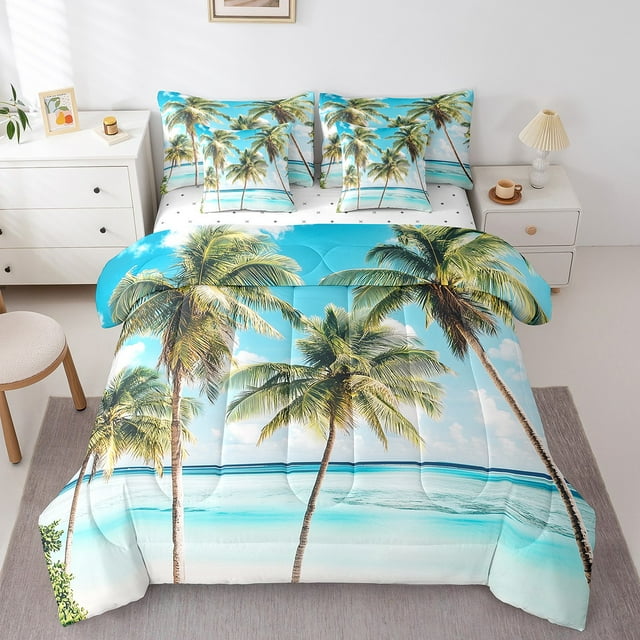 Erosebridal Tropical Beach Bedding Sets King Size, Ocean Wave Palm Tree Comforter Sets with Sheets Ultra Soft 7 Pieces