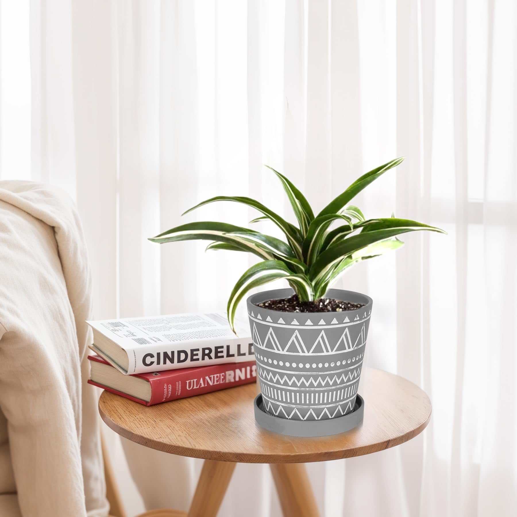 BUYMAX 6 inch Terracotta Pots with Drainage Hole & Saucer, Modern Geometric Planter Set of 2 in Cement Gray - Boho Indoor Outdoor Flower Pots