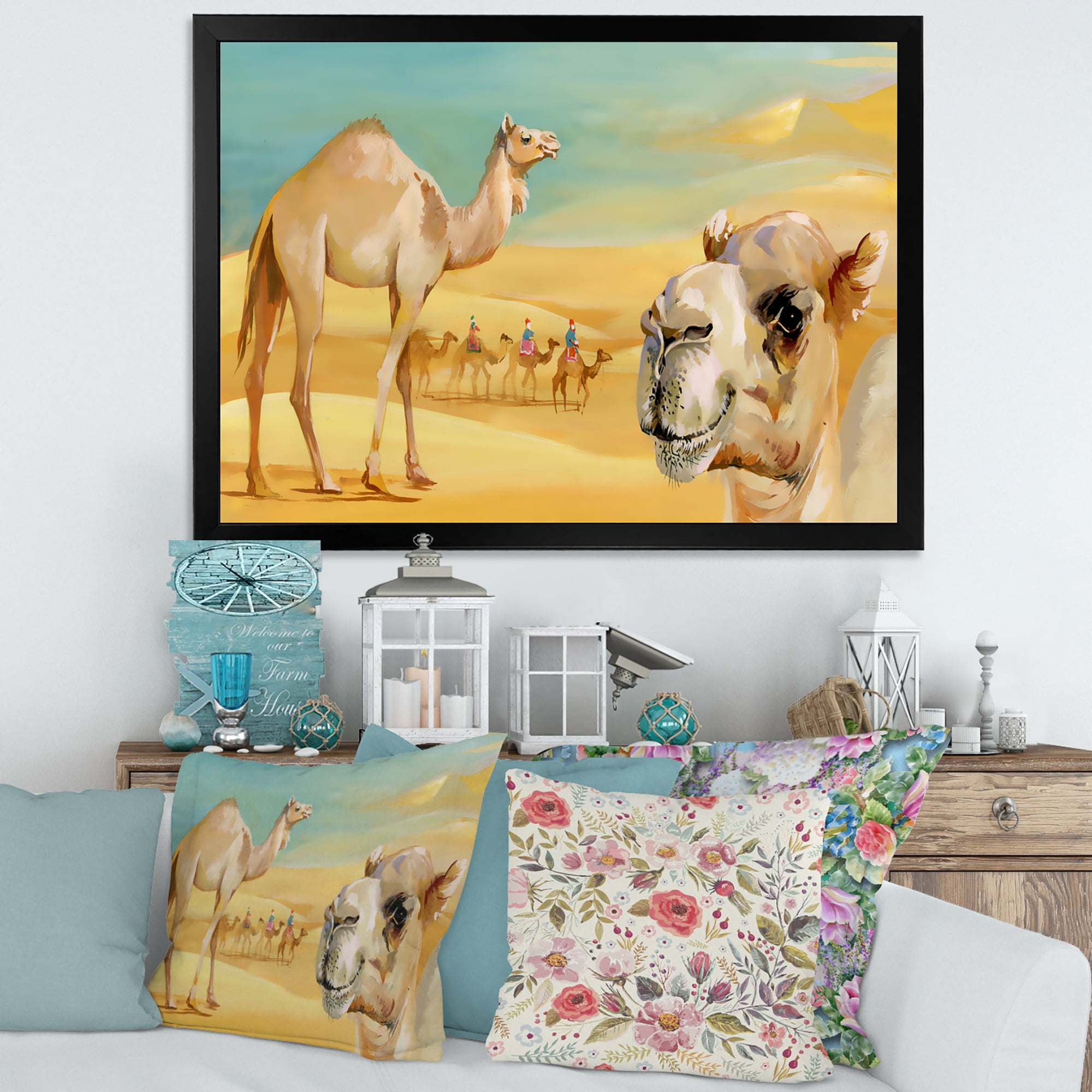 Designart 'Camels In Wild Desert II' Farmhouse Framed Art Print