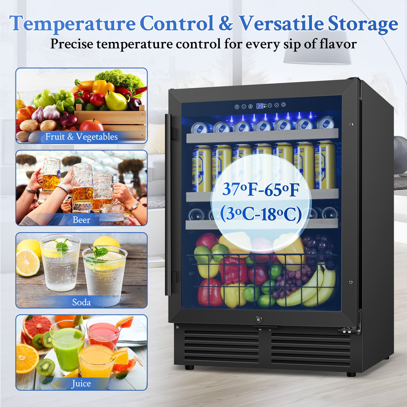 TITTLA 24 Inch Beverage Refrigerator Cooler,180 Cans,Built in,37°-65°F, Low Noise Energy Saving for Beer and Soda or Fruit, Black
