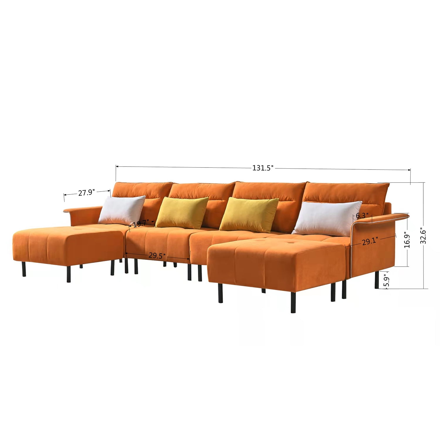 Resenkos Modern Sofa for Living Room Large Velvet Fabric U-Shape Sofa Set for Living Room, Couch for Bedroom Double Extra Wide Chaise Lounge Couch, Orange