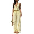 thumbnail image 2 of KIHOUT Women's Striped Halter Neck V-Neck Top and Drawstring Waist Wide Leg Pants Two Piece Set with Pockets for Casual Beachwear and Everyday Wear, 2 of 7