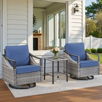 Planntonneo 3 Pieces Wicker Patio Furniture Sets-Swivel Rocker Chairs Set of 2 with Glass Side Table for Porch Deck Balcony Garden, Gray/Blue