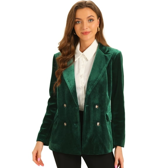 DARING DIVA Women's Velvet Notched Lapel Double Breasted Blazer Jacket XS Dark Green
