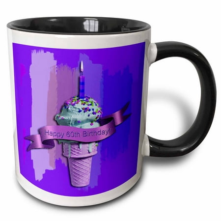 3dRose Happy 60th Birthday, Ice Cream Cone on Abstract, Purple, Two Tone Black Mug,