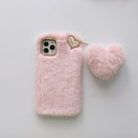 Allytech iPhone 12 mini Case 5.4-inch, Cute Girly Soft Warm Faux Fur with Heart Ball Protective Shockproof Case for Girls Women Cover for Apple iPhone 12 mini, Pink
