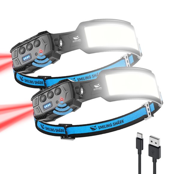 Linterna frontal Smiling Shark, 2 unidades, LED recargable, 6 modos
