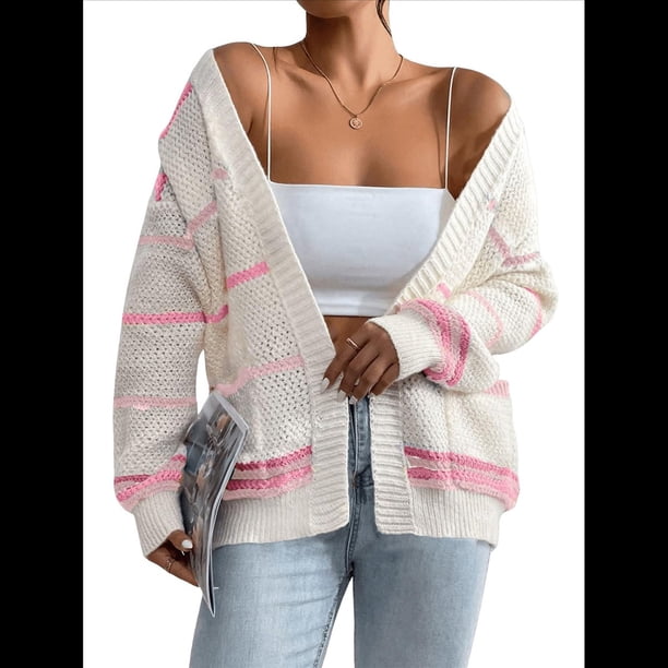 Suéter Cárdigan Extragrande con Hombros Caídos y Rayas de Colores para Mujer, Abierto Al Frente Rosa XL