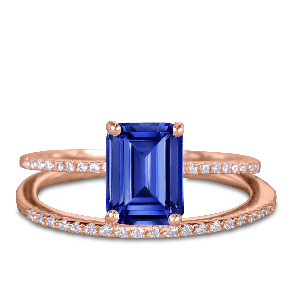 JeenMata 0.83 ct Emerald Cut Genuine Dark Blue Sapphire Pave Engagement Ring & Pave Band