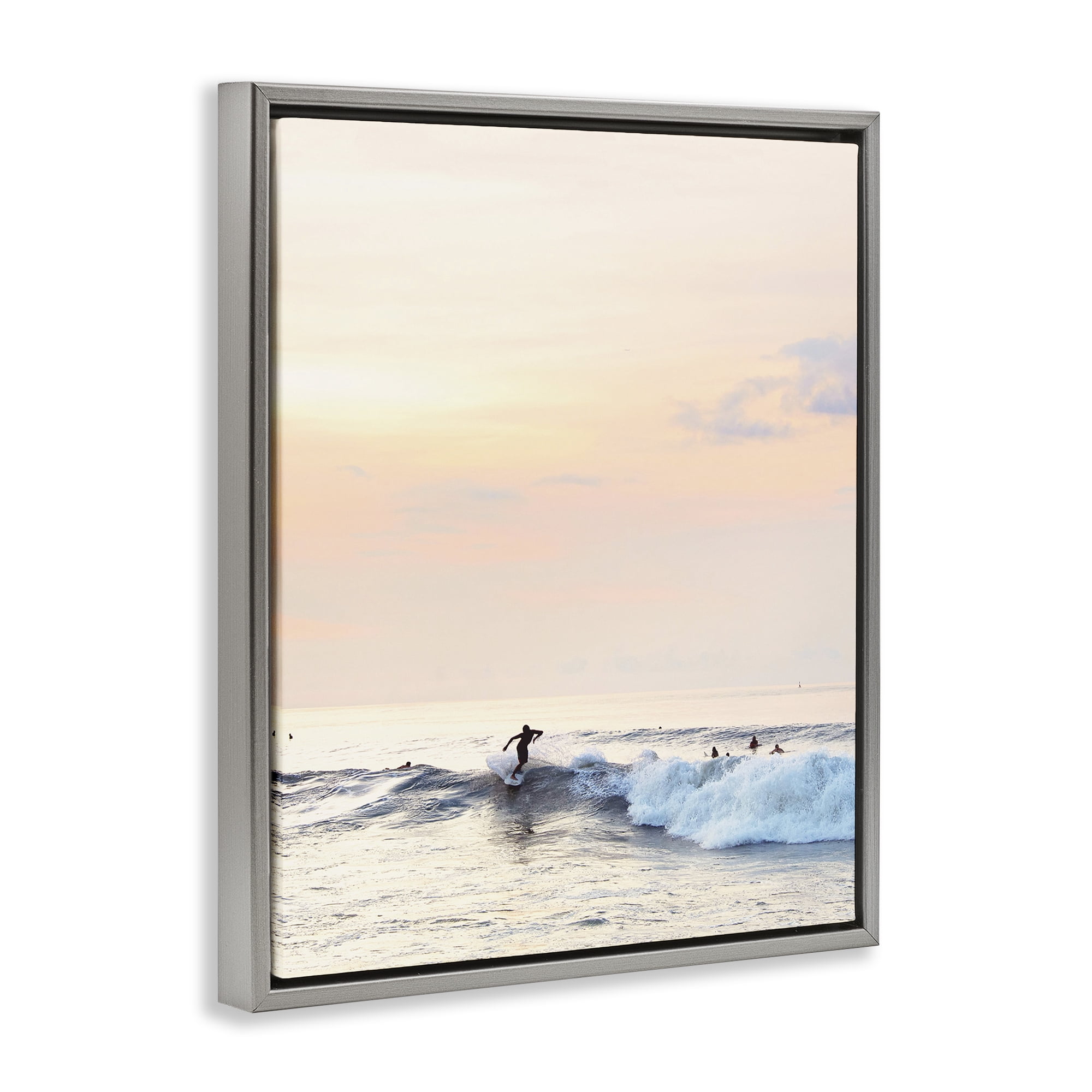Stupell Industries Sunset Surfer Landscape Coastal Photography Gray Floater Framed Canvas Art Print Wall Art, 25 x 31
