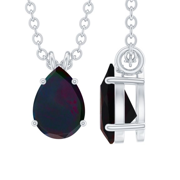 Rosec Jewels Natural Black Opal Solitaire Pendant Necklace (6X8 mm Pear Shape, 1 Ct, AAA Grade) - Ready to Gift for Birthday, 925 Sterling Silver