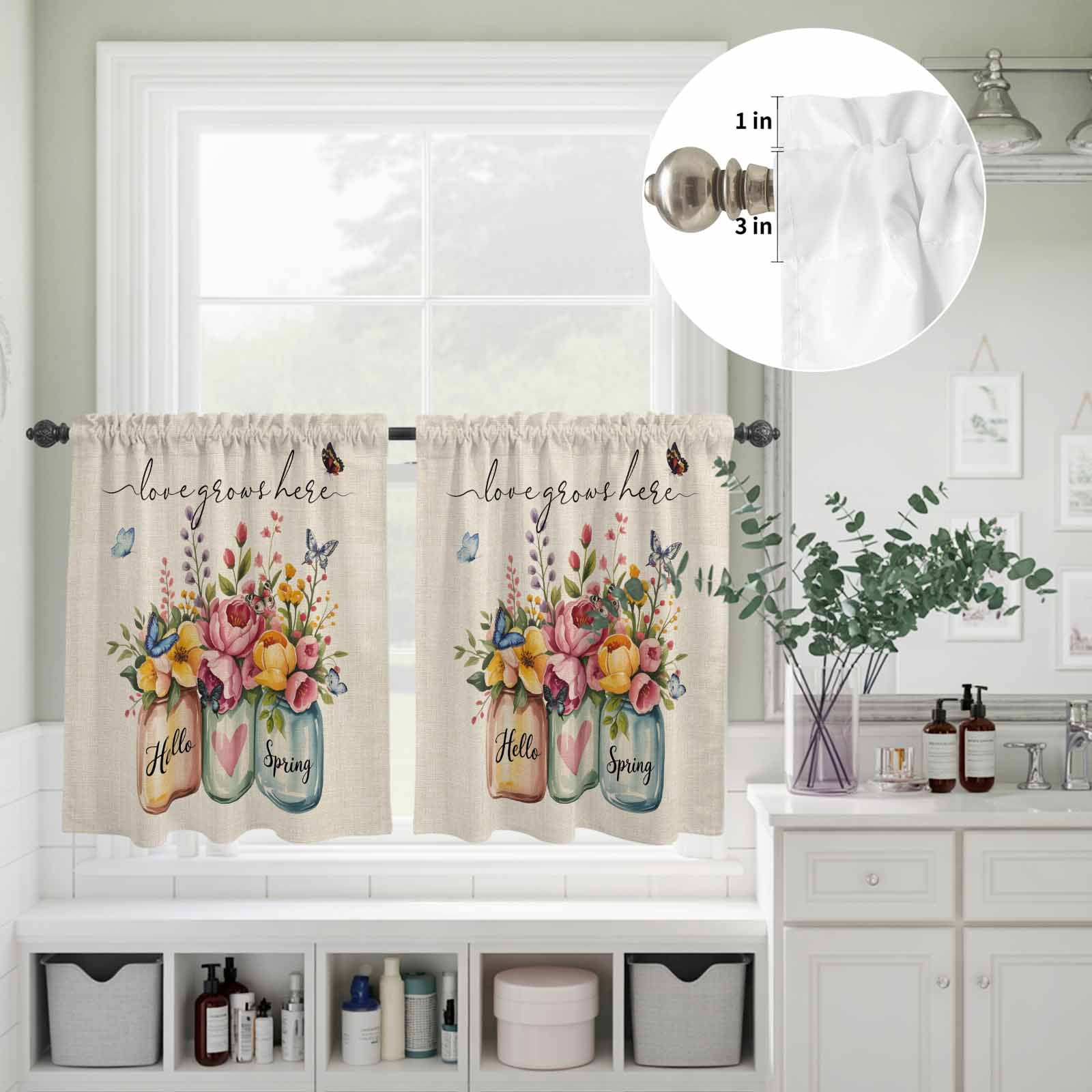 Hello Spring Kitchen Curtains Valances and Tiers 3pcs Love Grows Here Color Flowers Leaf Retro Linen Tier Curtains and Valance Rod Pocket Valance Curtains Set for Kitchen Bathroom 27.5"x36"