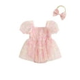 thumbnail image 2 of Musuos Baby Girl Summer Romper Dress 3M 6M 12M 18M Short Puff Sleeve 3D Flower Jumpsusit Tulle Dress with Headband Set 2Pcs Clothes, 2 of 9