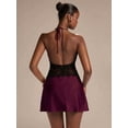thumbnail image 2 of Maroon Halter Satin Mini Dress With Black Lace Waist Trim, Elegant Cocktail Dress For Women, 2 of 7