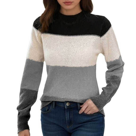 GBSYEWXS Sweaters For Women Grey Crew Neck Long Sleeve Color Block Stretch Pullover Sweater