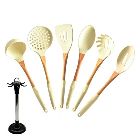

Cooking Utensils Set for Kitchen Non Stick 6 Pcs Silicone Cookware with Wooden Handle and Stand Cooking Accessory