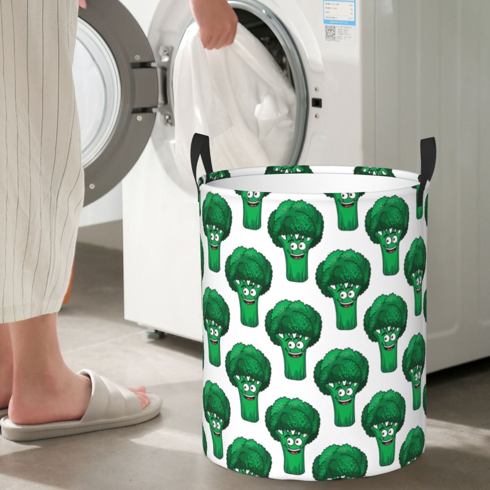 Large Laundry Basket with Handles - Cartoon smiling green broccoli cute Kids Baby Dirty Clothes Laundry Hamper for Bedroom Aesthetic