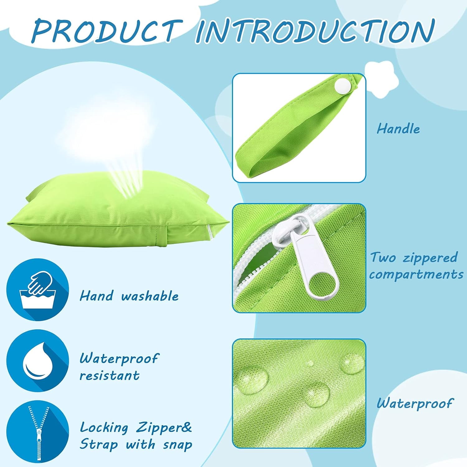 EUZODNAK 4 Pcs Wet Dry Bag for Baby Cloth Diapers Waterproof Wet Bag Washable Travel Bag Reusable Cloth Diaper Bag with 2 Pocket Toddler Swim Wet Bag for Travel Beach Pool