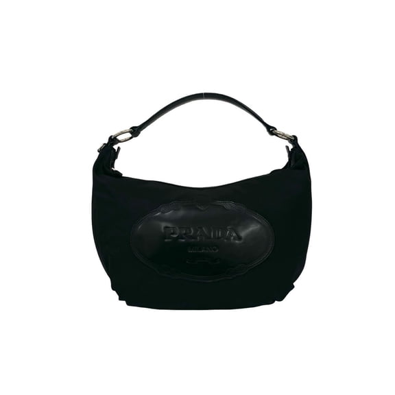 Pre-Owned PRADA (Prada) embossed nylon and leather semi-one shoulder bag/tote bag/handbag,...