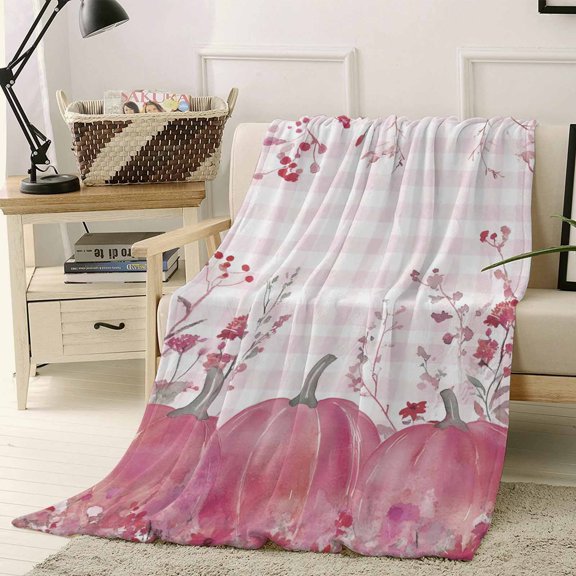 Throw Blanket Fleece Throw Blanket 30x40in, Pink Pumpkin Thanksgiving Fall Flower Soft Lightweight Bed Blankets Farmhouse Plaid Fuzzy Couch Blankets for All Season