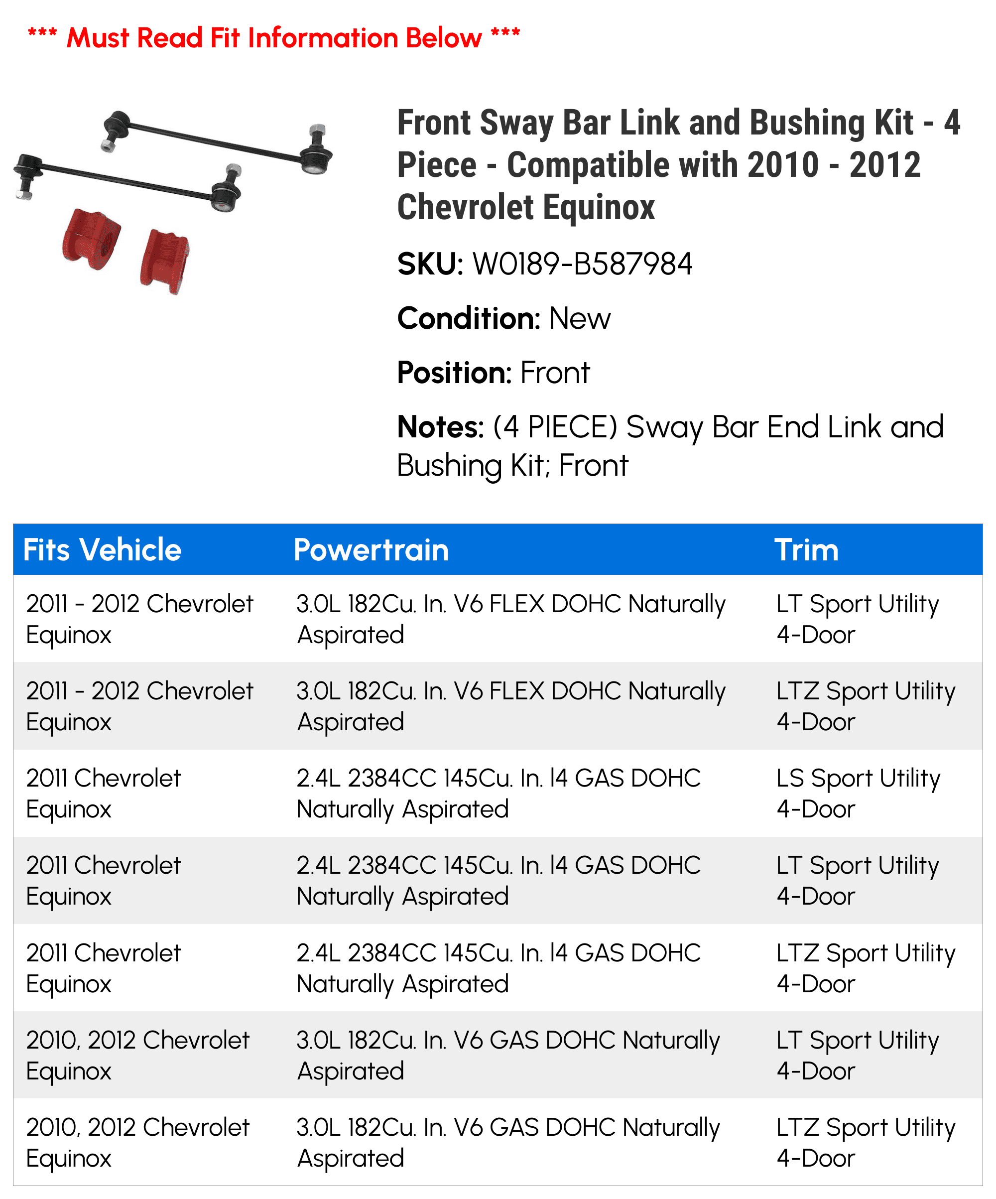 Front Sway Bar Link and Bushing Kit - 4 Piece - Compatible with 2010 - 2012 Chevy Equinox 2011