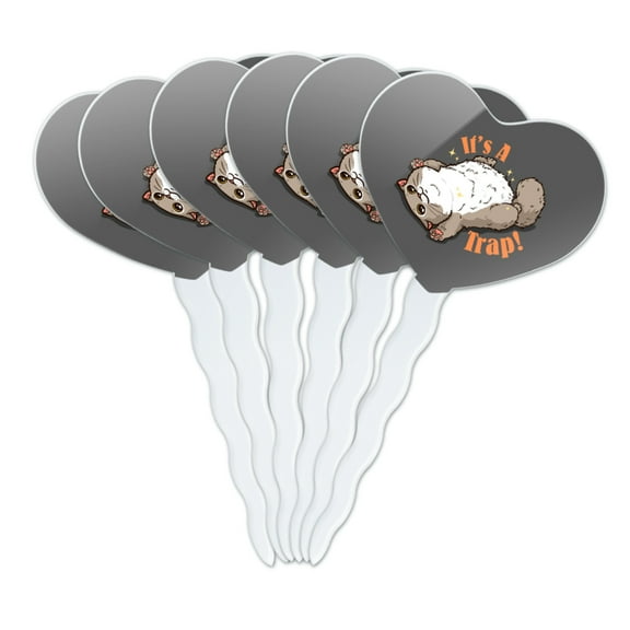 It's a Trap Cat Belly Rubs Funny Heart Love Cupcake Picks Toppers Decoration Set of 6