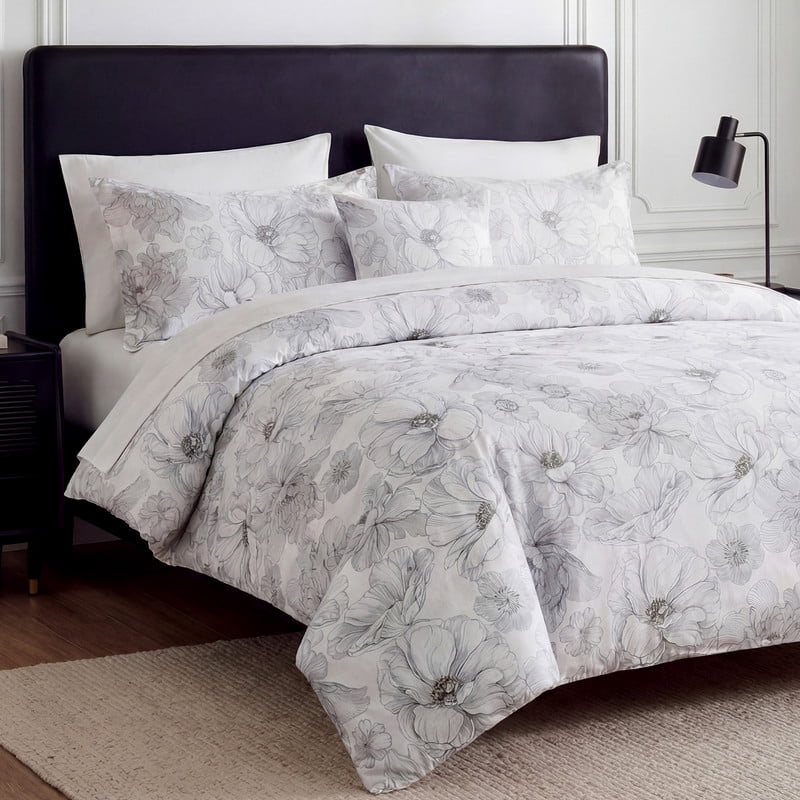 100% Cotton Floral Duvet Cover Set King Size, Ink Style Gray Sketch Floral Bedding, 3 Pcs with Zipper Closure & Corner Ties, Soft Breathable Duvet Cover for All Seasons