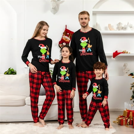 

Pajamas for Family Long Sleeve Pjs Funny Holiday 2PC Top + Plaid Pants for Family