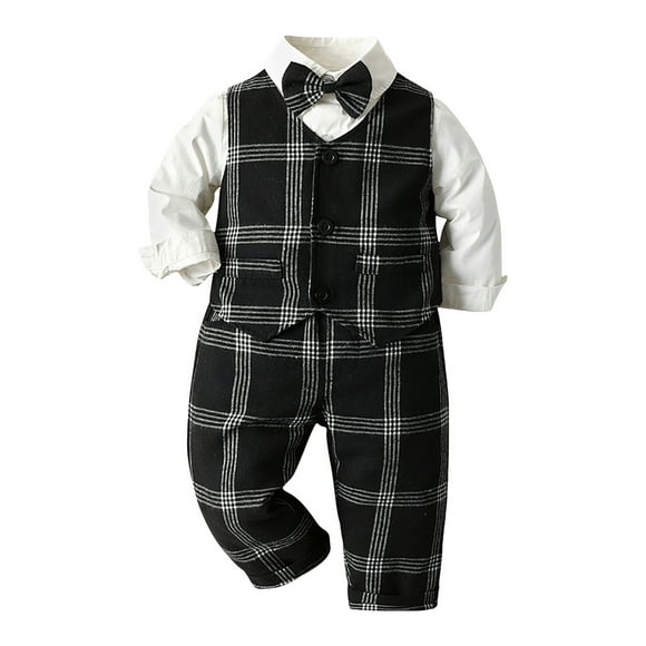 Splozh Newborn Baby Christmas Outfit Boy Long Sleeved Shirt and Trousers Gentleman Suit Comfortable and Soft Baby Dress Three Piece Suit Black,6-12 Months