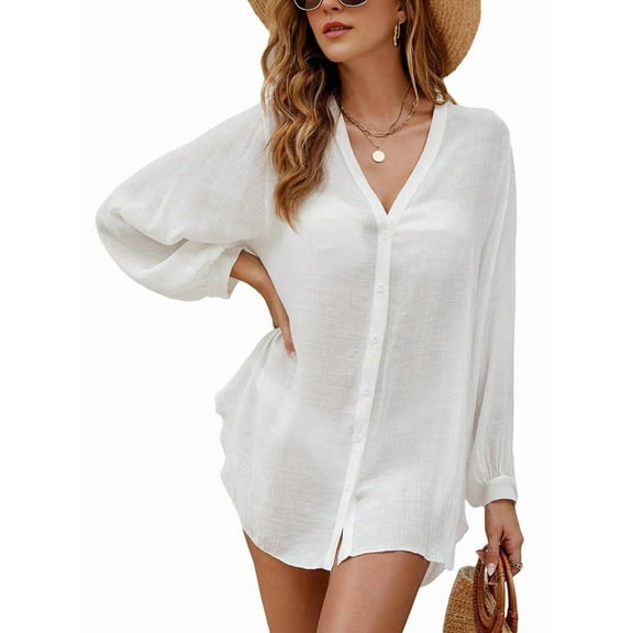 Button Down Swim Cover Up Shirt Long Sleeve Beach Blouse Bathing Suit Cover Ups for Women White XL