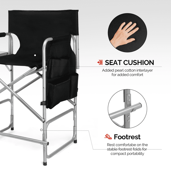Folding Director Chair with Side Table & Storage Pockets, 41"x23.6"x26.4" Heavy Duty Spray-Coated Metal Frame Makeup Artist Chair, Supports 300 LBS, Black Oxford Fabric, No Carry Bag