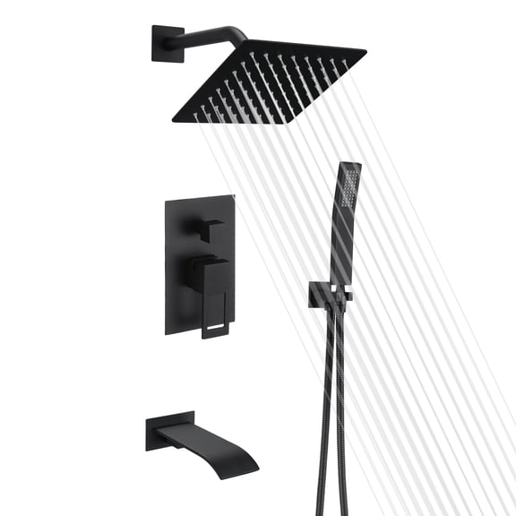 Matte Black Shower System with Waterfall Tub Spout, Anti-scalding Pressure Balance Valve