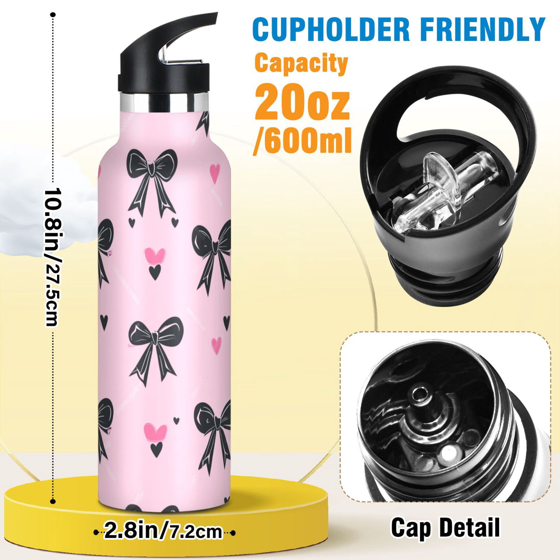 Kids Insulated Stainless Steel Sports Water Bottle 600ml (20oz) Black Bows