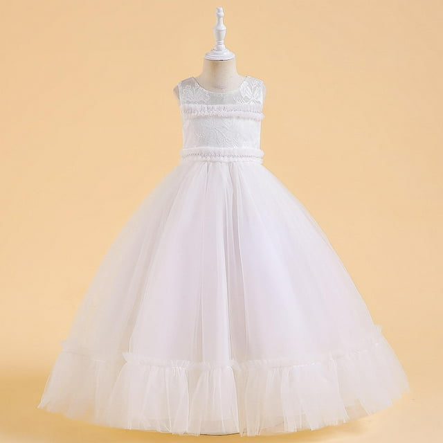 Pisexur Girls Dresses , Robes pour Filles Bébé Robes pour Enfants Sans Manches à Col Rond Couleur Unie Robe Princesse Bouffante en Maille avec Perles Brodées Exquises Robe de Soirée Robe de Banquet Blanc