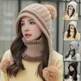 thumbnail image 1 of 2Pcs/Set Womens Winter Knit Beanie Hat and Scarf Set Girls Cute Slouchy Thick Fleece Lined Ski Hat Warm Skull Cap with Pom, 1 of 8