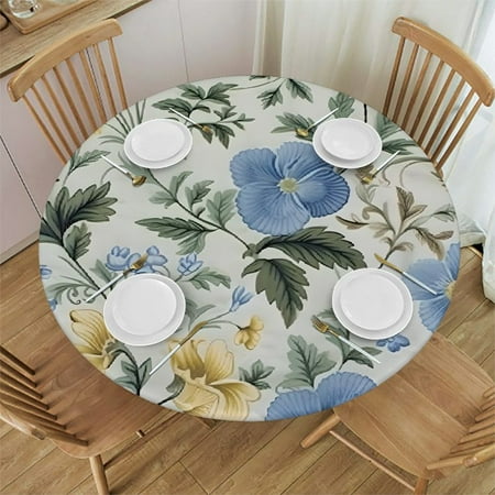 

RIVERWILLOW Floral Pattern Blue Flowered Design Fine Foliage Lace Round Tablecloth 100% Polyester Washable for Home Kitchen Outdoor Decoration 31 -35