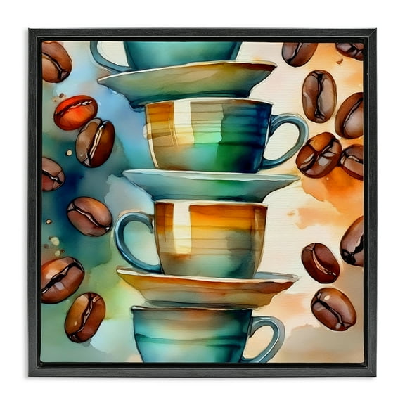 Stupell Industries Coffee Beans & Mugs Food & Beverage Painting Black Floater Framed Canvas Art Print Wall Art, 18 x 18