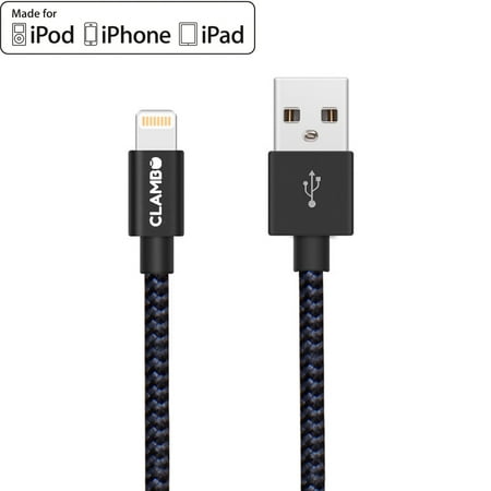 Apple MFi Certified 6.6 Feet (2 m) Heavy-duty Nylon-Braided Data Sync Lightning to USB Charger Charging Cable Cord for iPhones by Clambo - Gray